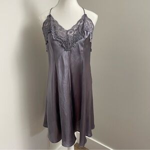 Vintage Satin Lace Trim Embroidered Purple Slip Dress Size 3XL